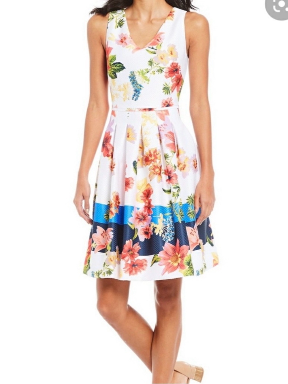 Alex Marie White Floral Fit & Flare Dress with Blue Stripe